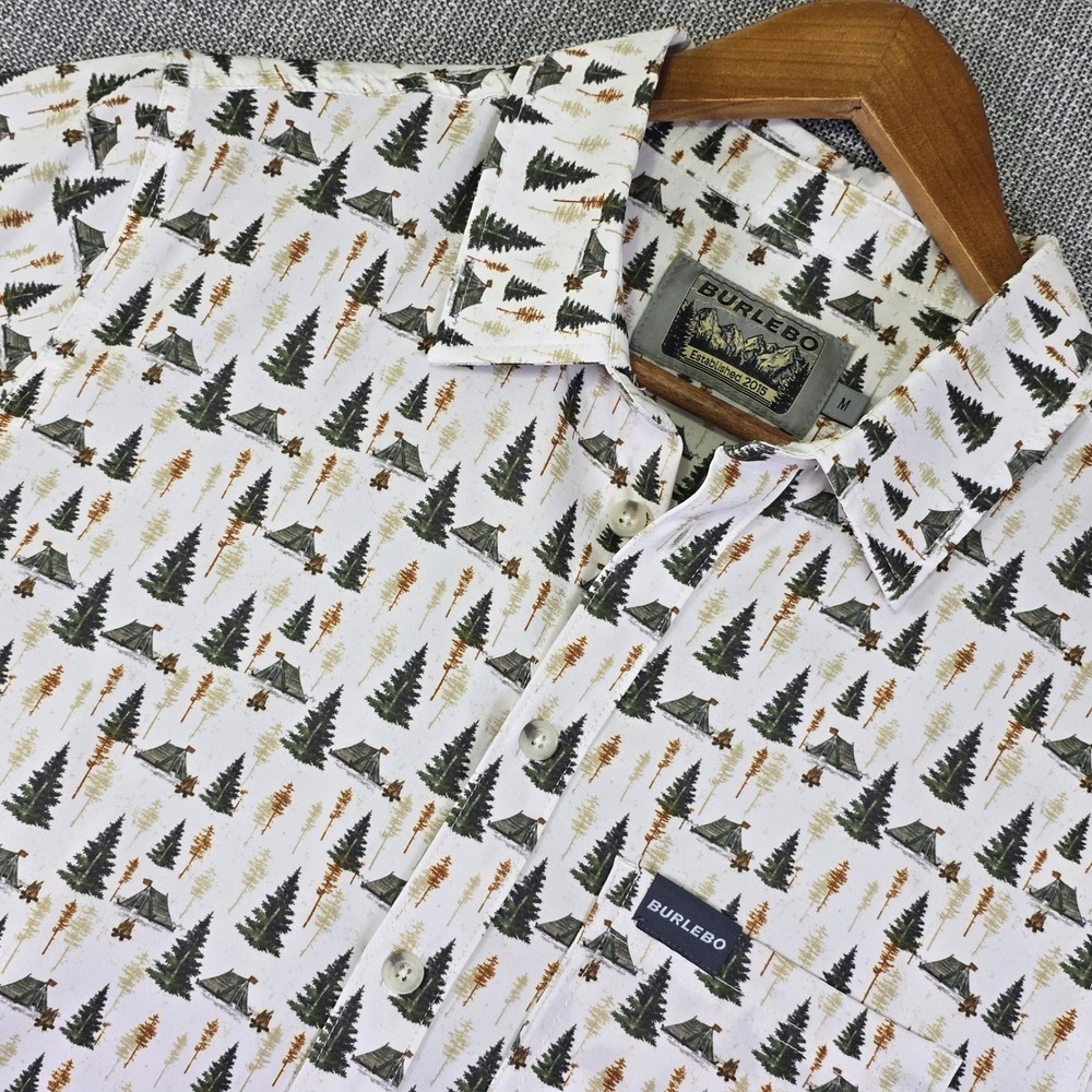 Burlebo Performance Button Up Shirt Mens M White Camping Trees Tents Outdoors